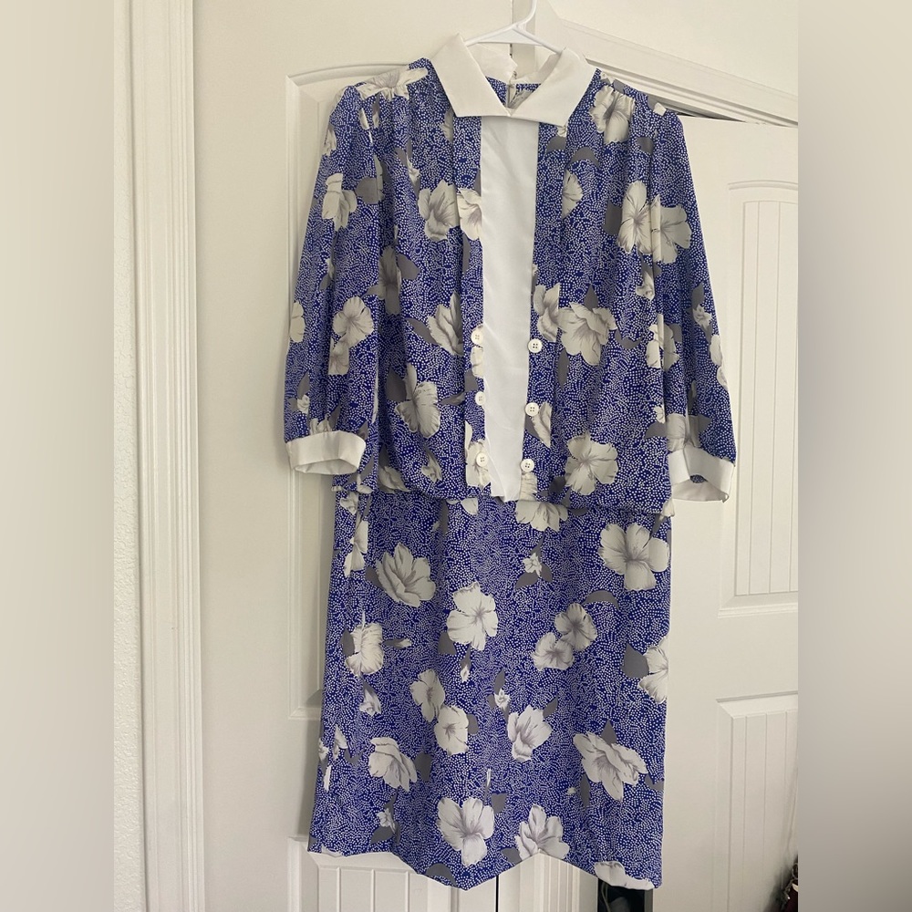 Lorac original vintage dropped waist blue and white floral dress